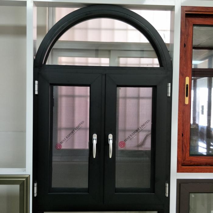 Black aluminum casement window with net panel